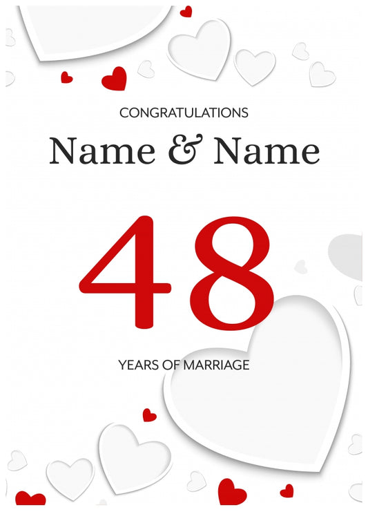 White Hearts 48 Years of Marriage Card for Couples