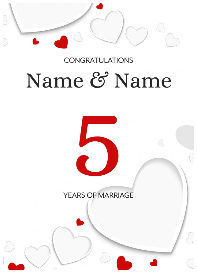 White Hearts 5 Years of Marriage Card for Couples