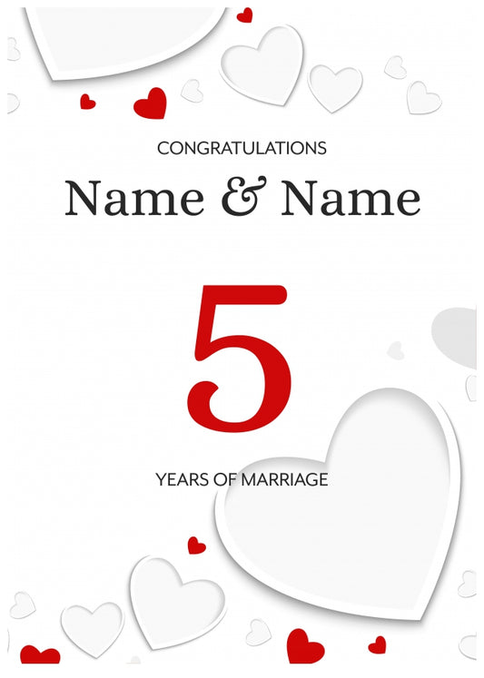 White Hearts 5 Years of Marriage Card for Couples