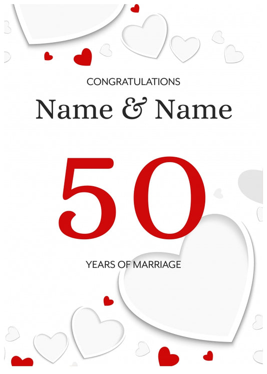 White Hearts 50 Years of Marriage Card for Couples