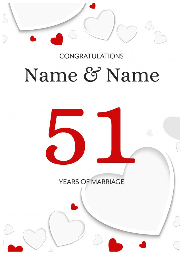 White Hearts 51 Years of Marriage Card for Couples