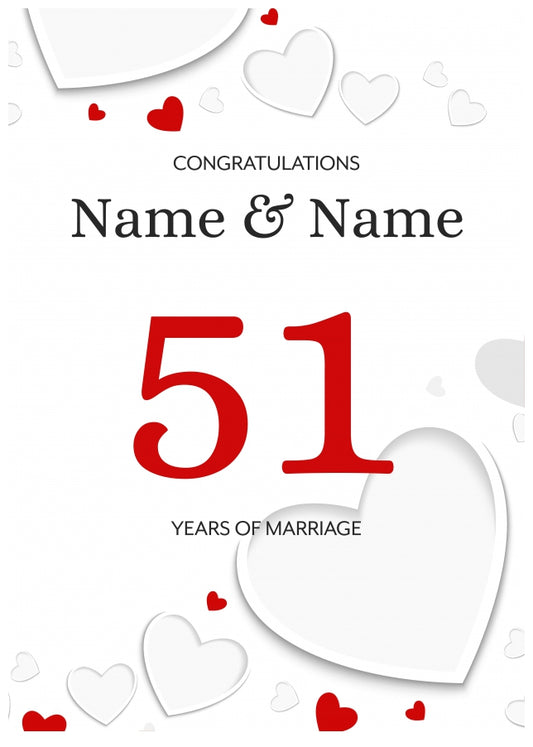 White Hearts 51 Years of Marriage Card for Couples