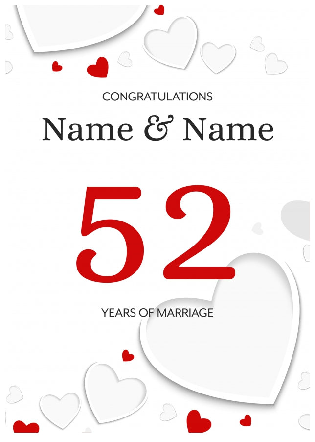 White Hearts 52 Years of Marriage Card for Couples