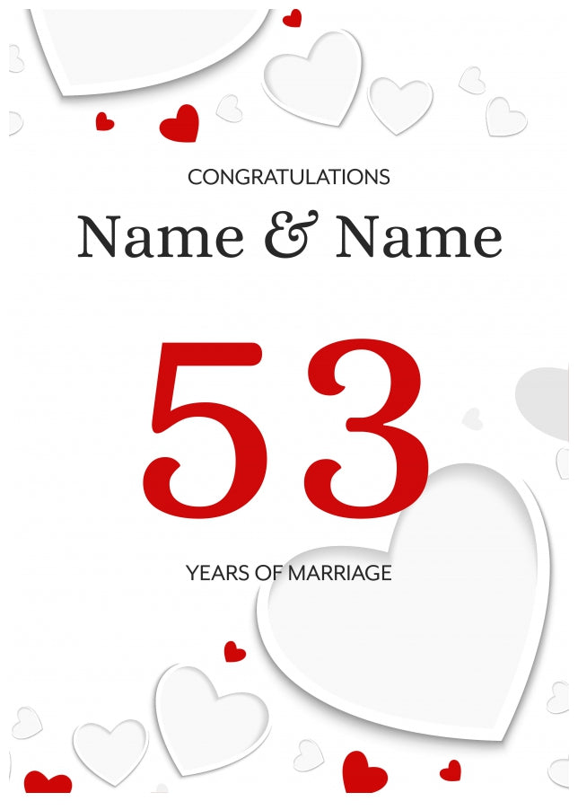 White Hearts 53 Years of Marriage Card for Couples