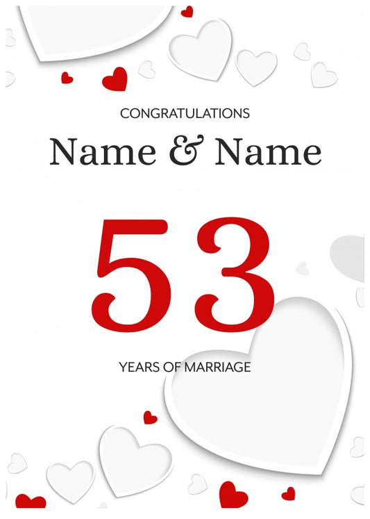 White Hearts 53 Years of Marriage Card for Couples