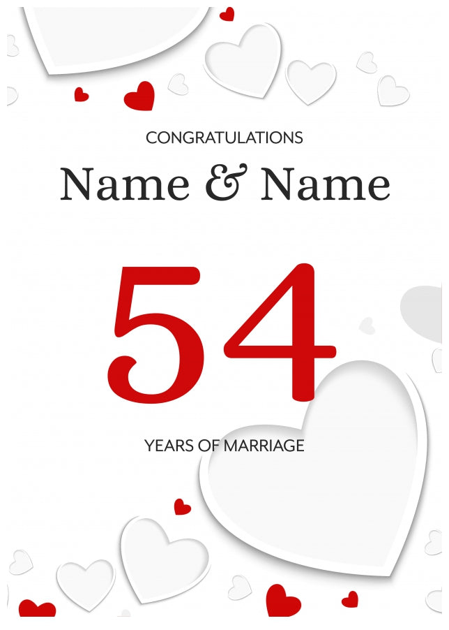 White Hearts 54 Years of Marriage Card for Couples