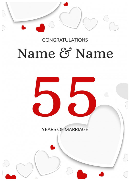 White Hearts 55 Years of Marriage Card for Couples