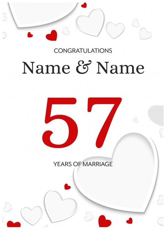 White Hearts 57 Years of Marriage Card for Couples