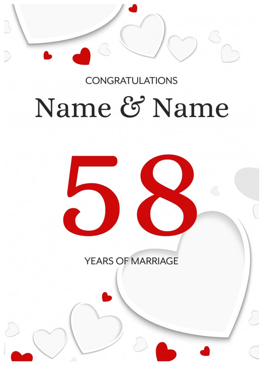 White Hearts 58 Years of Marriage Card for Couples