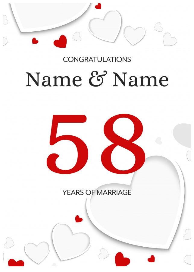 White Hearts 58 Years of Marriage Card for Couples