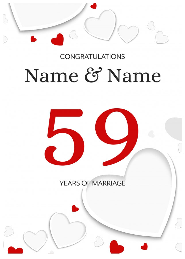 White Hearts 59 Years of Marriage Card for Couples