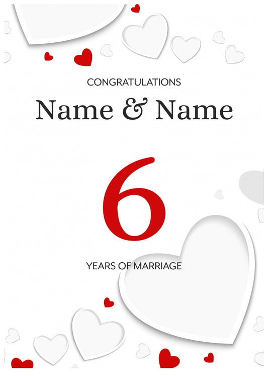 White Hearts 6 Years of Marriage Card for Couples