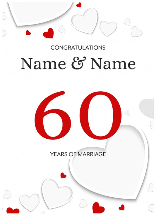 White Hearts 60 Years of Marriage Card for Couples