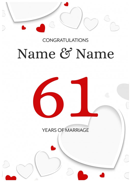 White Hearts 61 Years of Marriage Card for Couples