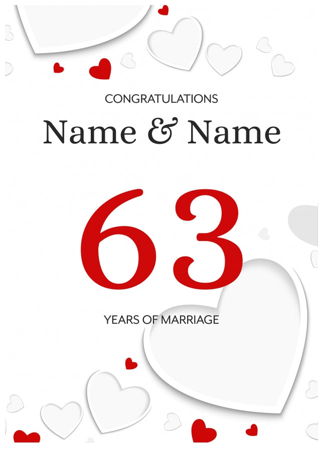 White Hearts 63 Years of Marriage Card for Couples