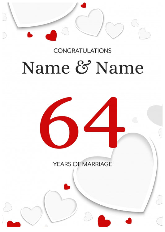 White Hearts 64 Years of Marriage Card for Couples