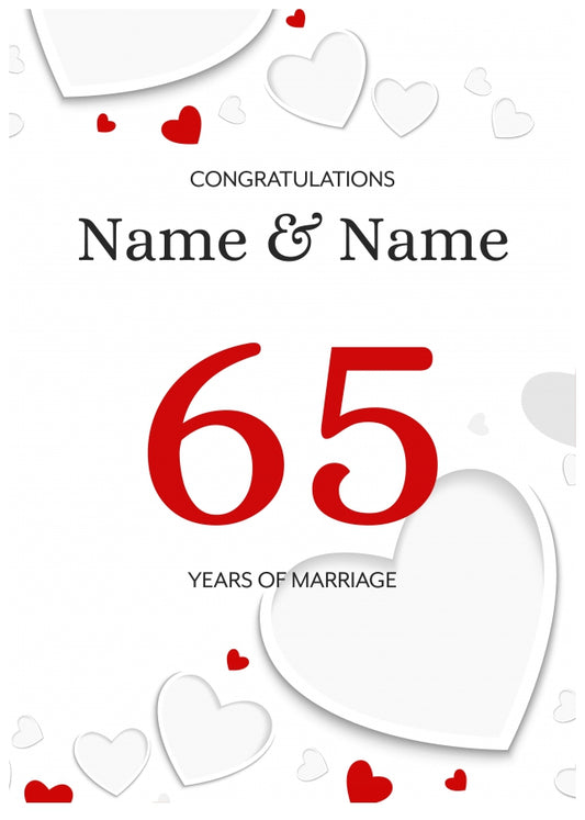 White Hearts 65 Years of Marriage Card for Couples