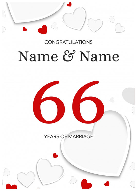 White Hearts 66 Years of Marriage Card for Couples