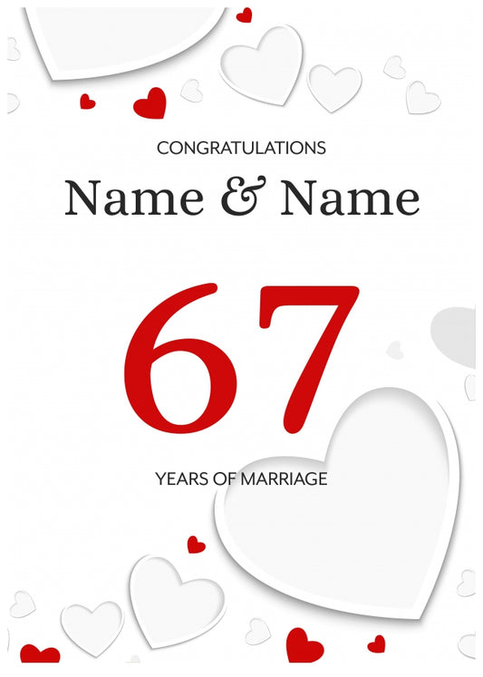 White Hearts 67 Years of Marriage Card for Couples