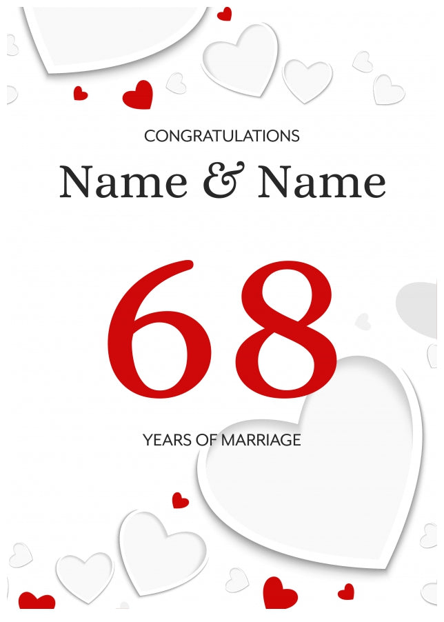 White Hearts 68 Years of Marriage Card for Couples