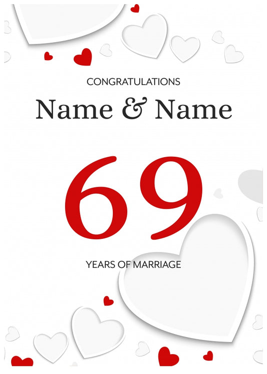 White Hearts 69 Years of Marriage Card for Couples