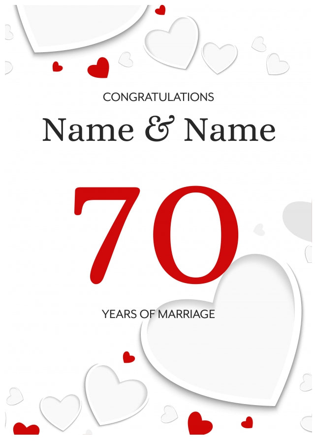 White Hearts 70 Years of Marriage Card for Couples