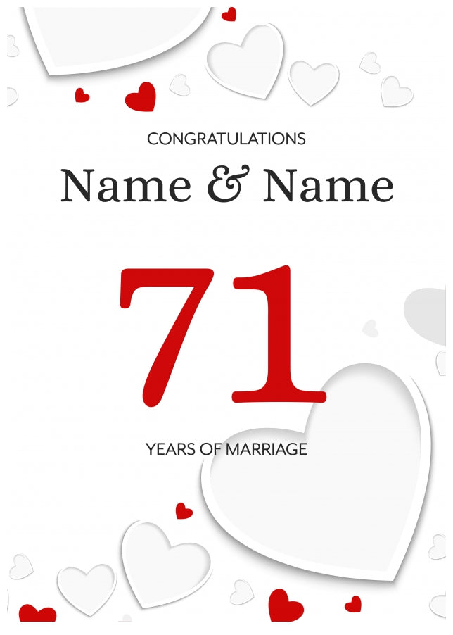 White Hearts 71 Years of Marriage Card for Couples