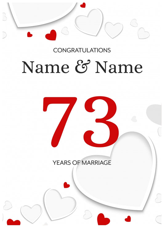 White Hearts 73 Years of Marriage Card for Couples