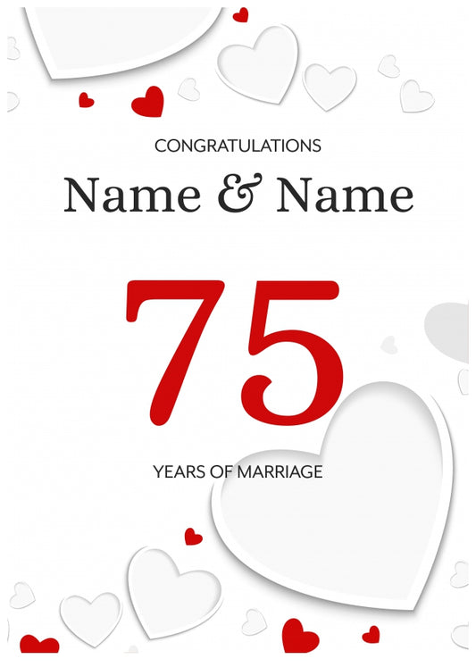 White Hearts 75 Years of Marriage Card for Couples