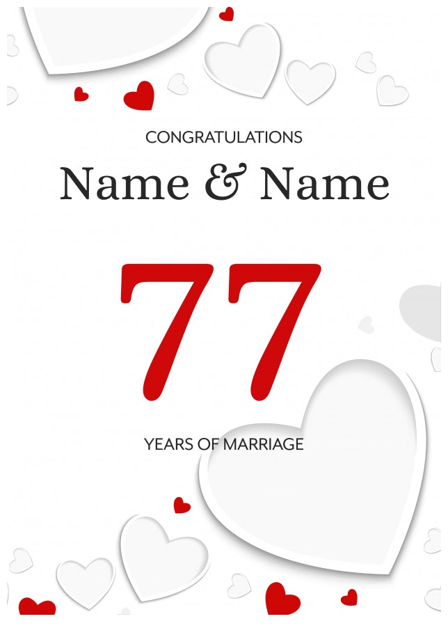 White Hearts 77 Years of Marriage Card for Couples