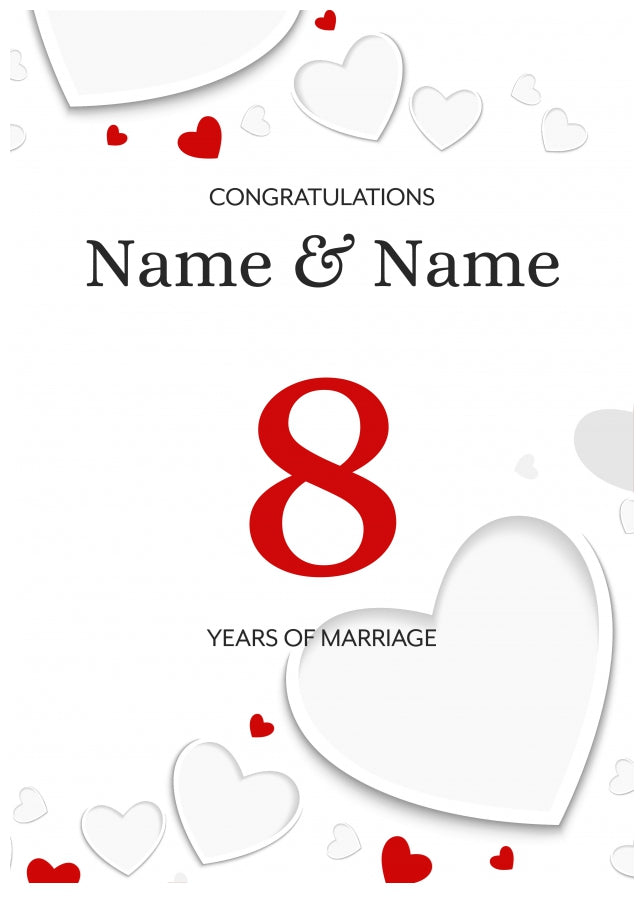 White Hearts 8 Years of Marriage Card for Couples