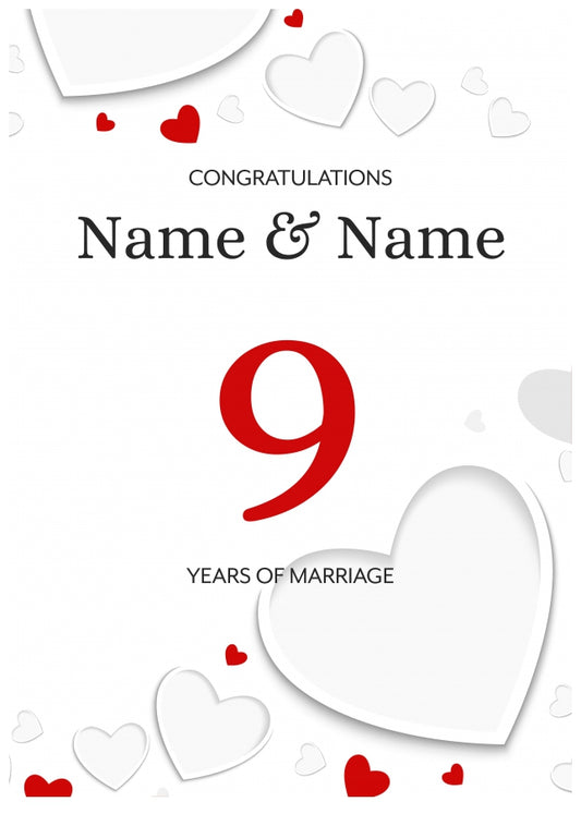 White Hearts 9 Years of Marriage Card for Couples