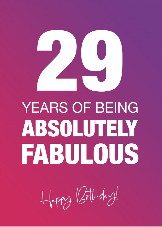 Funny 29th Birthday Cards for Women - 29 Years Absolutely Fabulous