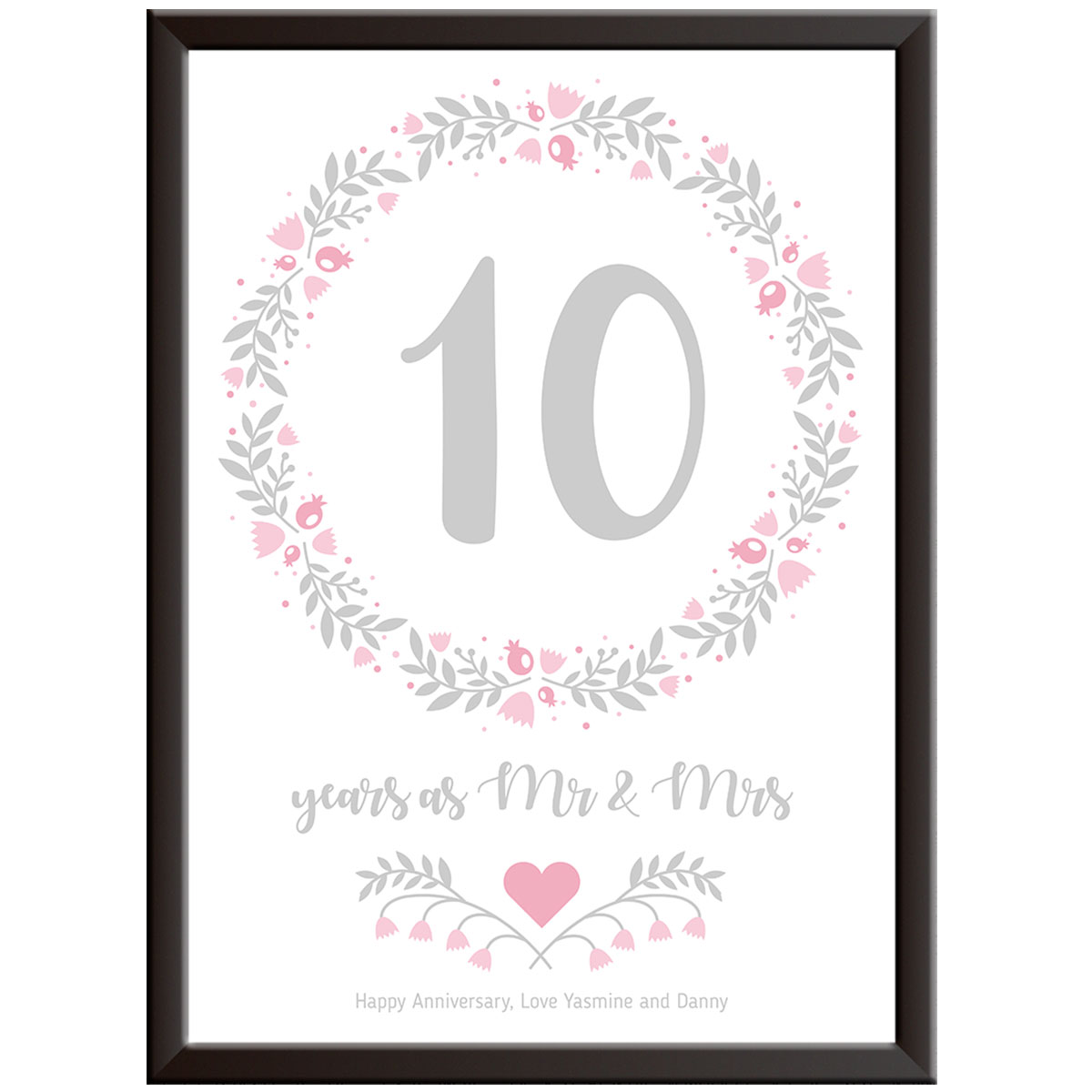 Personalised Floral Circle 10th Wedding Anniversary Print (Tin)