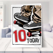 skateboarding 10th birthday card shown in a living room