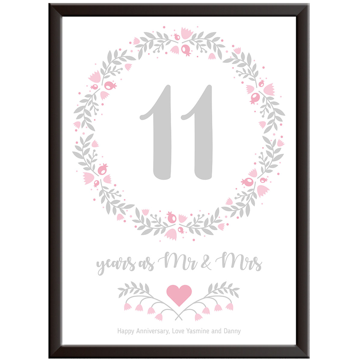 Personalised Floral Circle 11th Wedding Anniversary Print