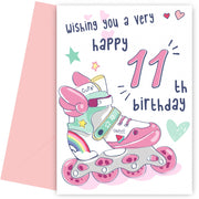 Rollerblades 11th Birthday Card for Girls - Pretty Pink Card for 11 Year Old Girl