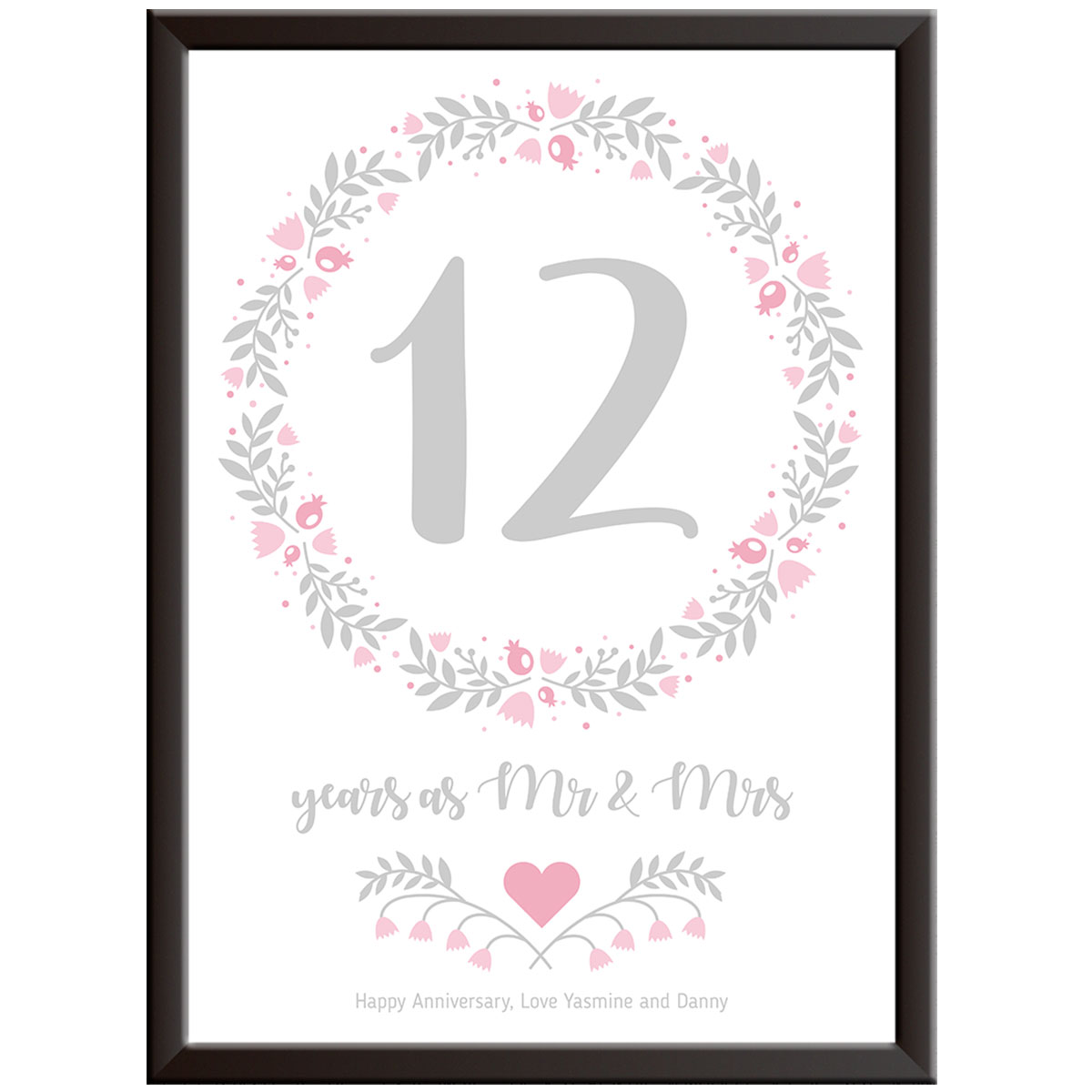 Personalised Floral Circle 12th Wedding Anniversary Print (Silk and fine linen)