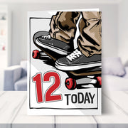 skateboarding 12th birthday card shown in a living room