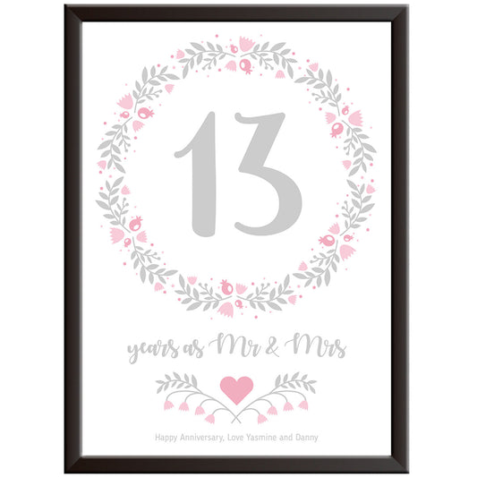 Personalised Floral Circle 13th Wedding Anniversary Print