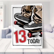 skateboarding 13th birthday card shown in a living room