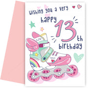 Rollerblades 13th Birthday Card for Girls - Pretty Pink Card for 13 Year Old Girl