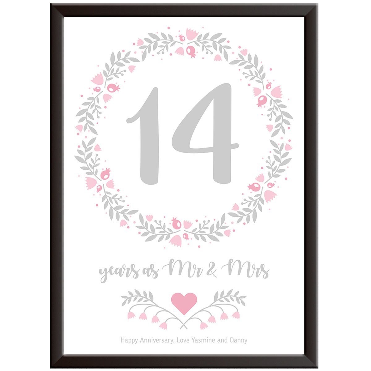 Personalised Floral Circle 14th Wedding Anniversary Print