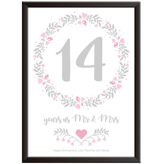 Personalised Floral Circle 14th Wedding Anniversary Print