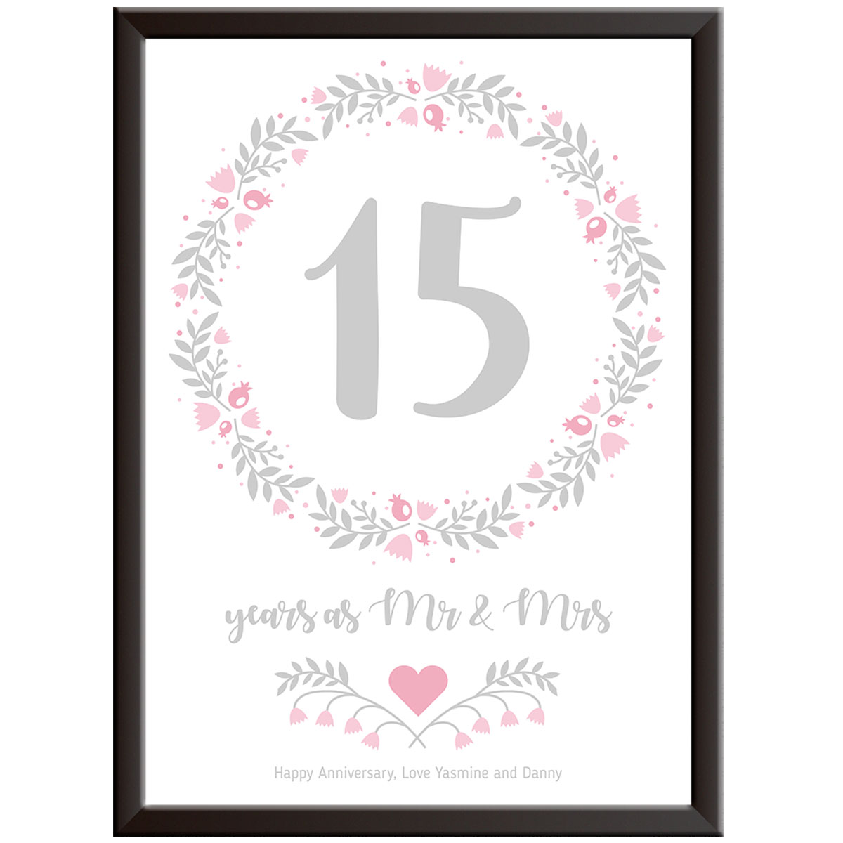 Personalised Floral Circle 15th Wedding Anniversary Print (Crystal)