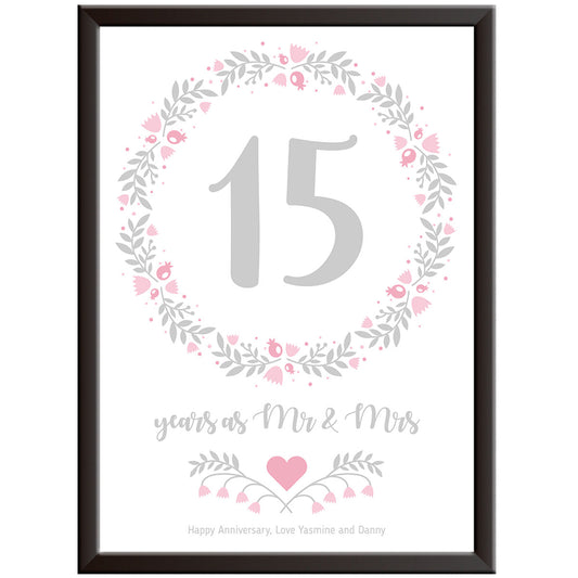 Personalised Floral Circle 15th Wedding Anniversary Print (Crystal)