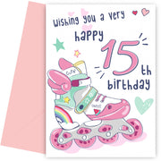 Rollerblades 15th Birthday Card for Girls - Pretty Pink Card for 15 Year Old Girl