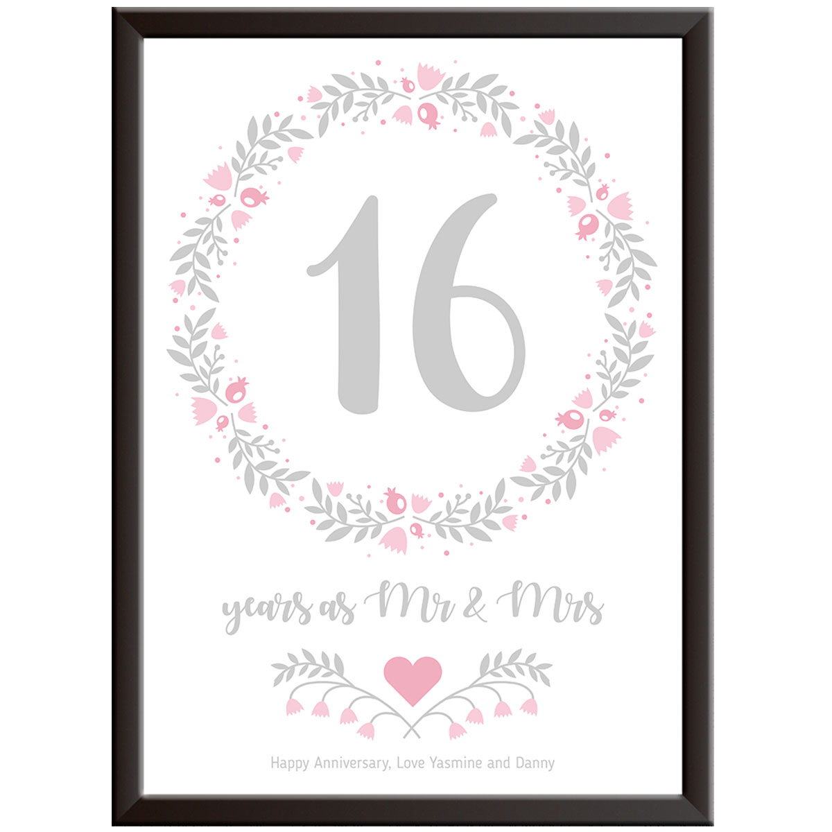 Personalised Floral Circle 16th Wedding Anniversary Print