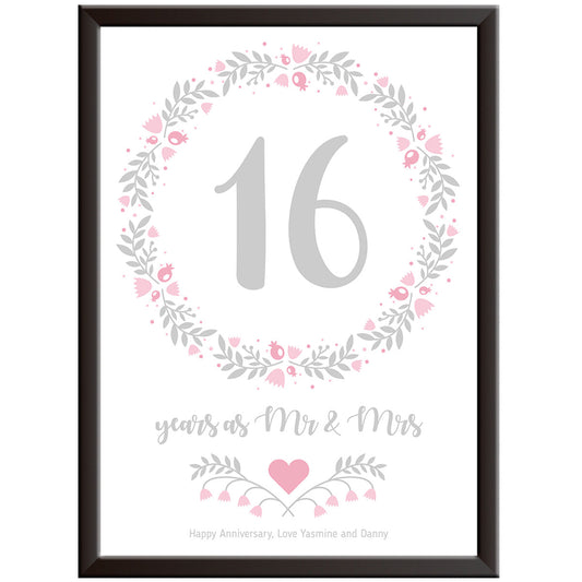 Personalised Floral Circle 16th Wedding Anniversary Print