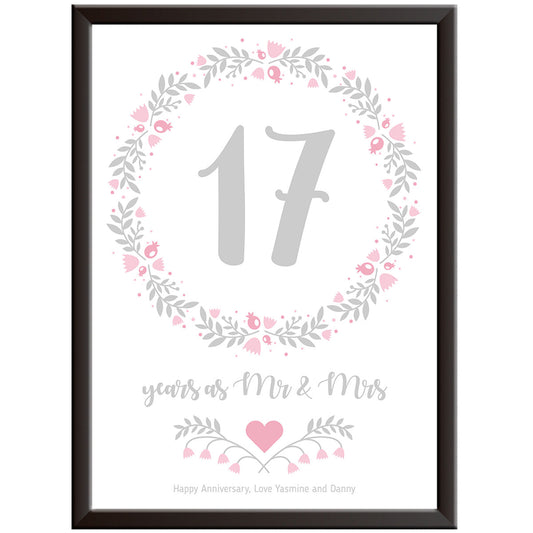 Personalised Floral Circle 17th Wedding Anniversary Print